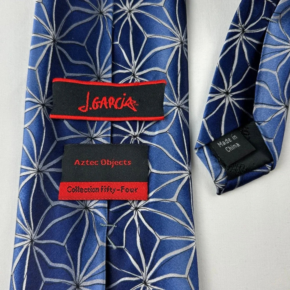 J. Garcia Silk Tie Aztec‎ Objects Blue Geometric Pattern Made USA Mens